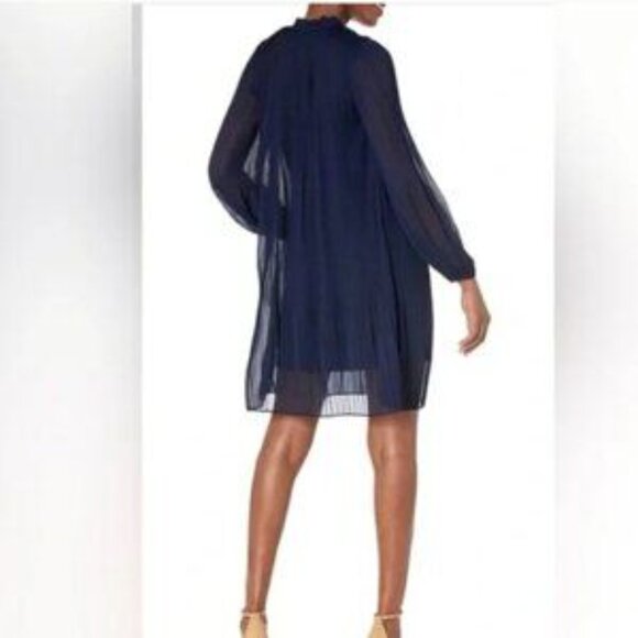 NWT! DKNY Long-Sleeve Tie-Neck Pleated Shift Dress Blue Georgette - 14W - Picture 3 of 13